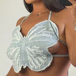 Light Blue Denim Butterfly Crop Top Bralette Size M
