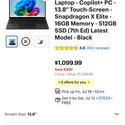 Microsoft Surface Laptop (2024) Windows 11 with Copilot+ PC, 13.8” Touchscreen Display And Snapdragon X Elite Chip 512GB storage (all Black Model)