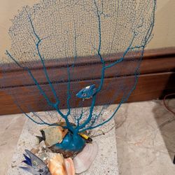 Lovely blue teal sea fan with fishes seashells on 8" x 8" marble base