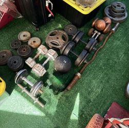 Mixed Weight Set Dumbbells & Plates Curl Bar & 1 slam ball