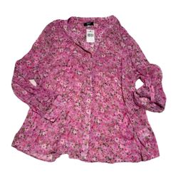 Kut from the Kloth Blouse Pink Floral Button Up Sheer Roll Tab Sleeve Size 3X