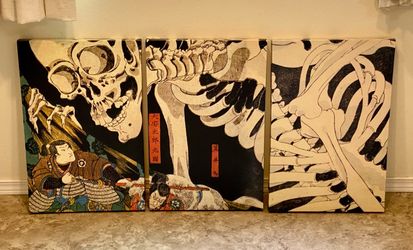 Japanese Skeleton Samurai 3-Panel Canvas Art Set – Famous Kuniyoshi Print