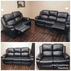 Brand New Black Leather 2pc Reclining Set