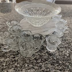 Antique Crystal Punch Bowl with 12 Crystal Mugs