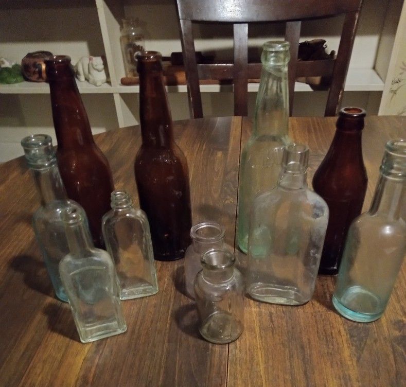 Antique #11 pcs Medicine, Whiskey And Beer Bottle Collection
