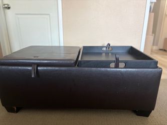 Dark Brown Leather Storage Ottoman with Tray