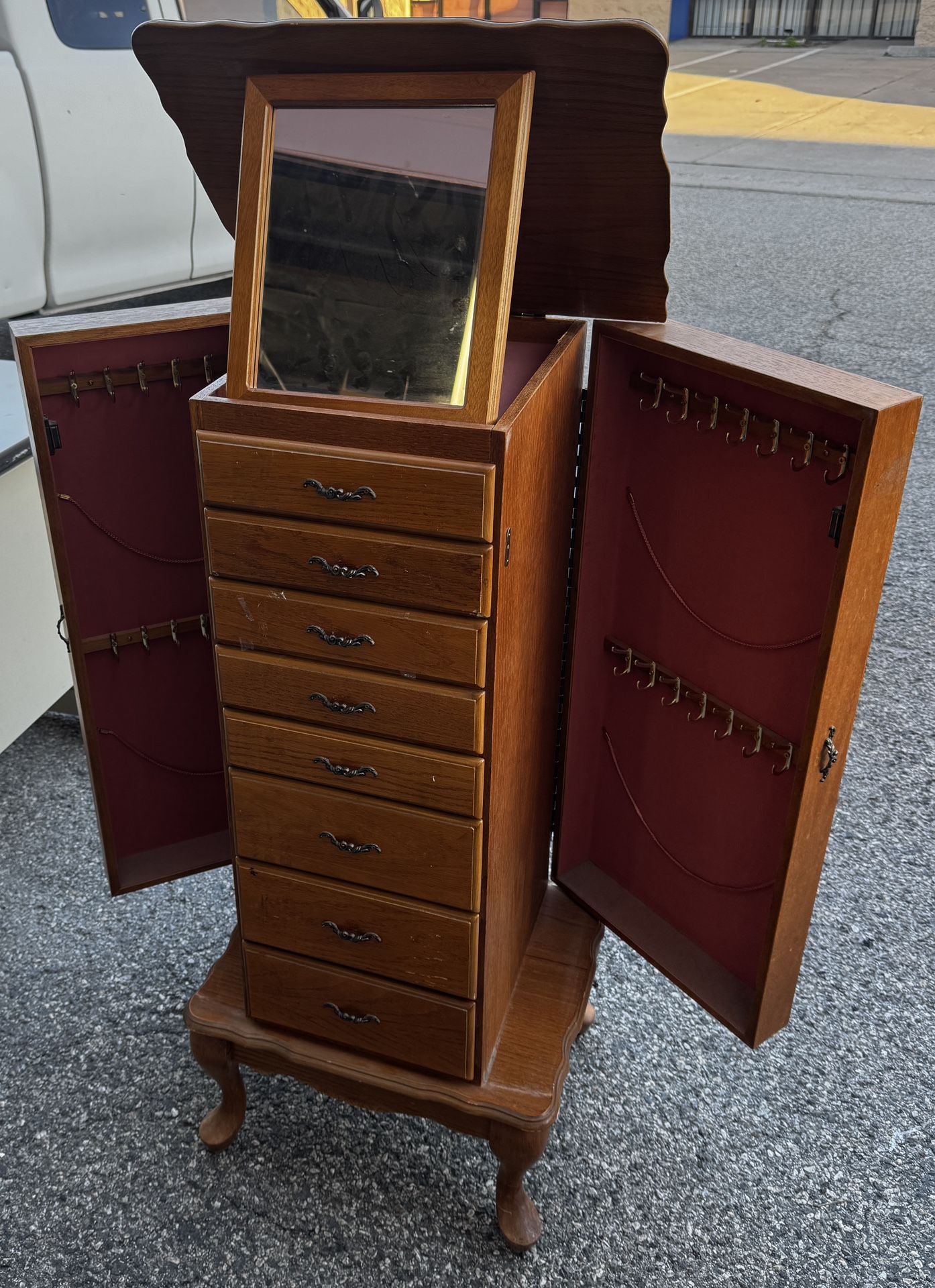Vintage Wooden Jewelry Armoire with Mirror – Solid & Spacious for Sale