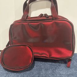  Vintage  Maroon  Iridescent   Cosmetic  Makeup  Travel  Zippered  Bag  Set Of   2