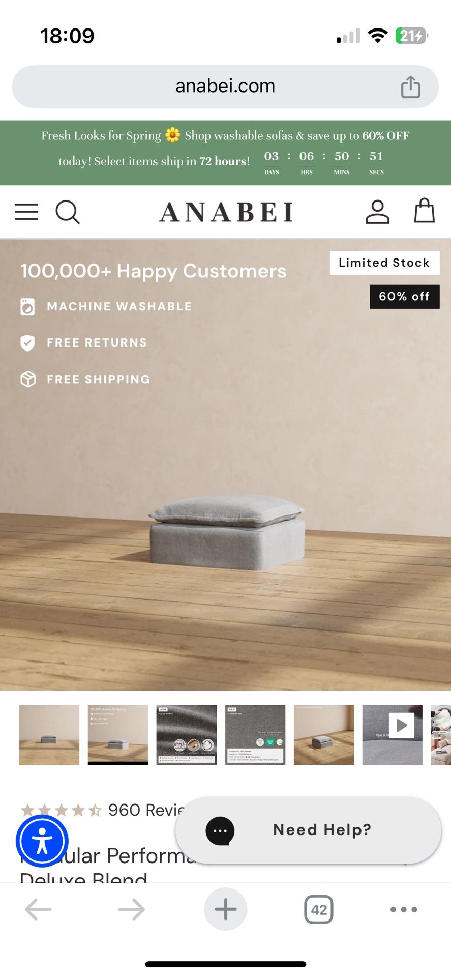 New Modular Performance Ottoman in Ash | Deluxe Blend  New Ottoman 34” X 34”