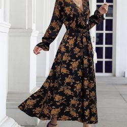 Women Long Sleeve Floral Wrap Maxi Dresses V Neck High Waist Flowy A-Line Long Cocktail Party Dress 