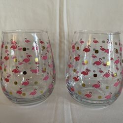 Set of 2 Pink Flamingo Stemless Wine Glass with Gold Polka Dots Birds