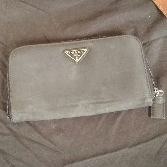 Vintage prada tessuto long black nylon leather zip around large wallet clutch

