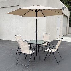$140 (New in box) Outdoor 6pcs patio set with 32x32” table, 4pc folding chairs and 10ft tilt umbrella 