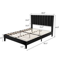 Velvet Upholstered Platform Bed Frame with Headboard Queen size(096-11)