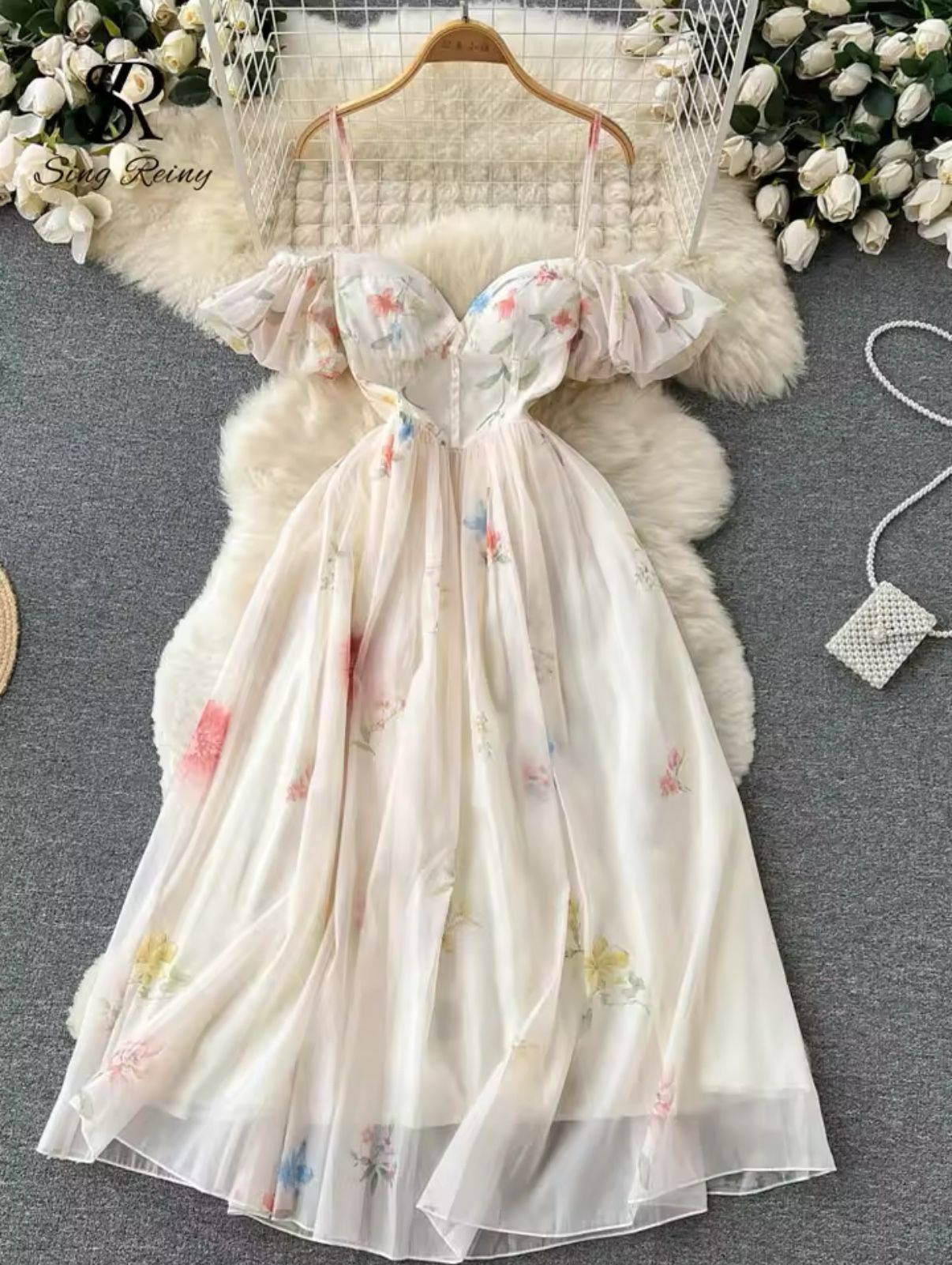 Princesss Fairy Flower Open Shoulder Ribbon Dress