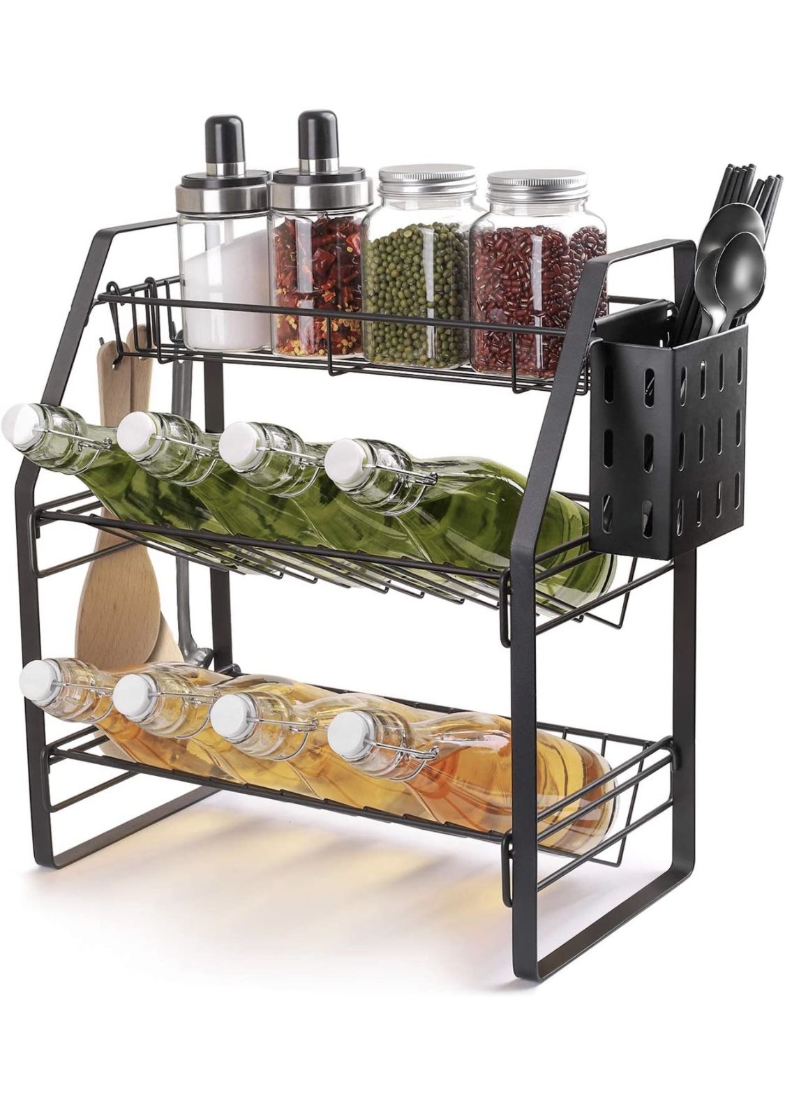 3-Tier Spice Rack with Chopstick Cutlery Shelf & Hooks, Countertop Standing Spice Organizer for Countertop Cabinet Pantry Bathboom Kitchen Office, Bla