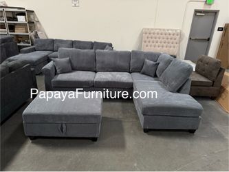 106” New Plush Gray Sectional, Sectional And Storage Ottoman, Sectionals, Sofa, Couch, Gray Couch, Grey Couch, Corduroy Sectional, USB Charger Sofa