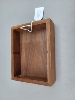 Rectangular wooden trinket or jewelry open-face box with visible wood grain 5x6x1.5"