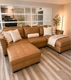 Large Caramel Brown Double-Chaise Sectional Sofa – Great Condition
