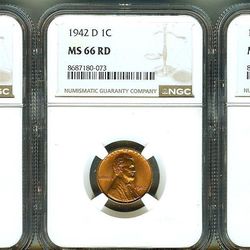 1942-D 1955-S 1958 Cent NGC MS66 RD