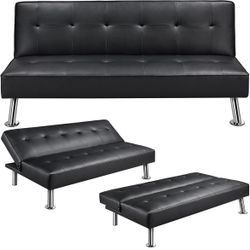 Convertible Sofa Couch Bed Faux Leather Sofa Bed Sleeper Adjustable Loveseat Futon Couch Living Room Furniture with Chrome Metal Legs