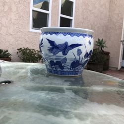 Asian 12.5" Landscape Blue & White Porcelain Pot