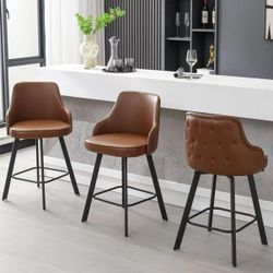 Bar Stools Set of 3, 26" Swivel Counter Height Bar Stools with High Back, Faux Leather Kitchen Barstools Counter Height for Kitchen Island (Dark Brown