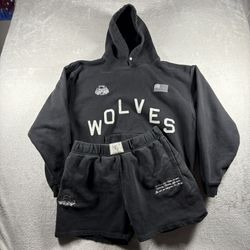 Darc Sport Wolves Men’s XL Black Hoodie Shorts Set Grunge Distressed