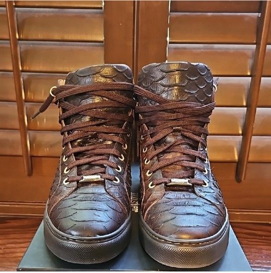 MISTER BROWN PYTHON PRINT/ CALF-SKIN LEATHER HIGH-TOP SNEAKERS