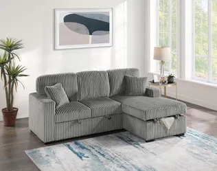 BRAND NEW GRAY CORDUROY SECTIONAL WITH PULLOUT SOFA + STORAGE CHAISE (92" x 60" x 37" H)