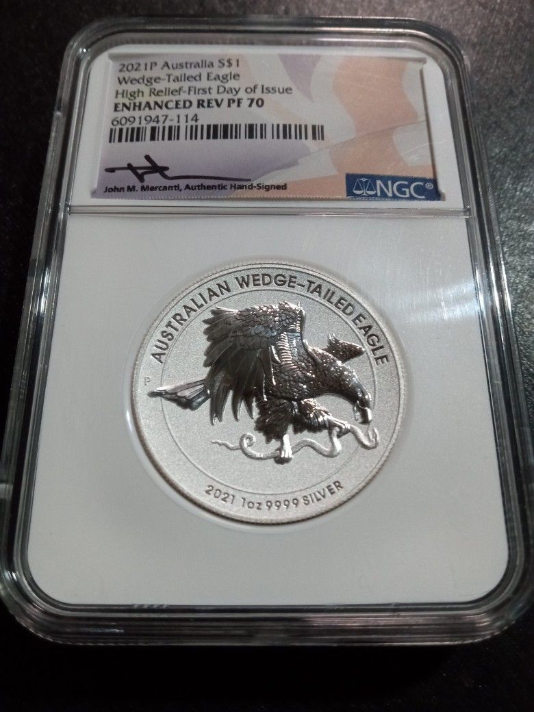 2021P Australia S$1 Wedge Tailed Eagle High Relief ENHANCED REV PF 70 John Mercanti Hand Signed