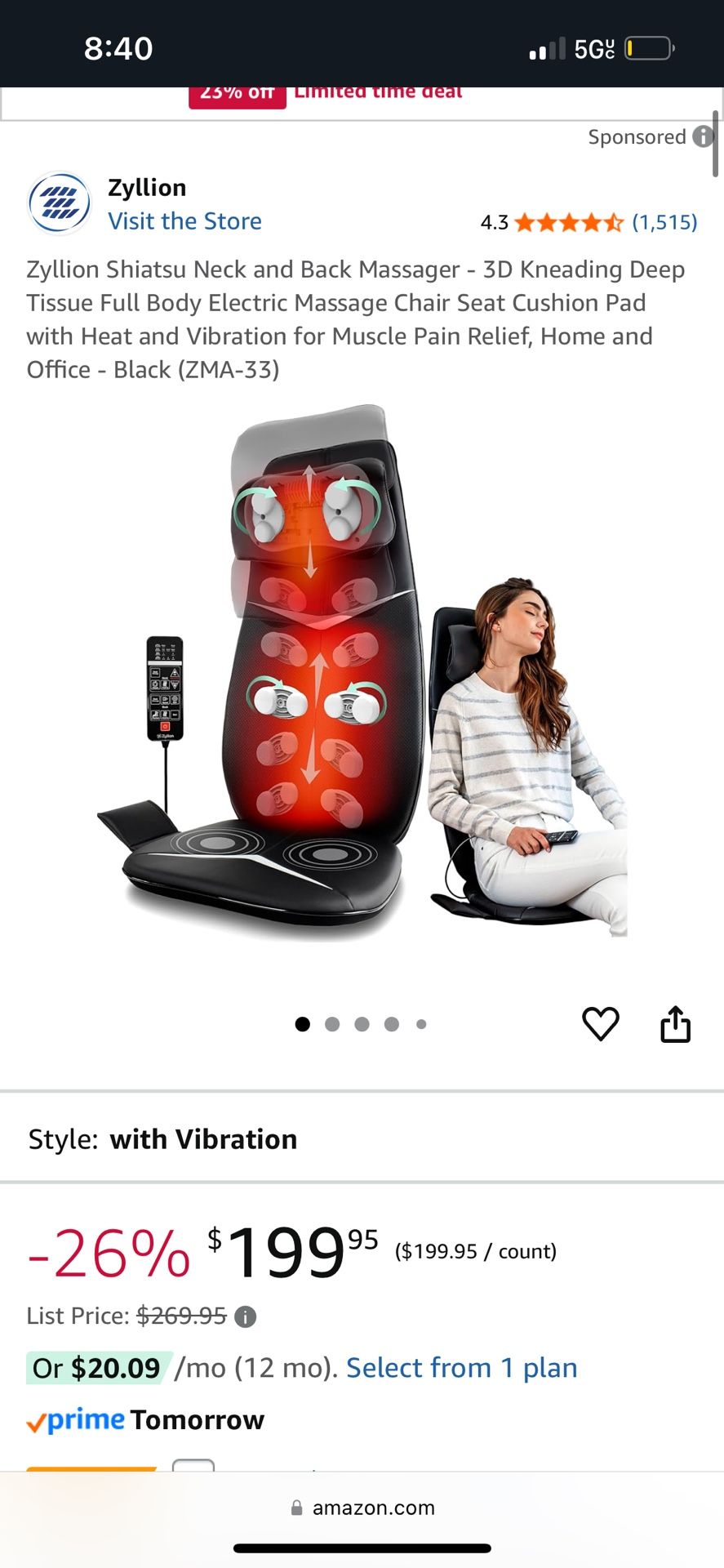 Zyllion Shiatsu Neck and Back Massager 3D Kneading Deep Tissue