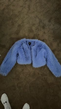 Blue Cropped Faux Fur Jacket