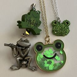 4 x Unique Frog Jewelry Lot - 2 Necklaces + Pin + Clip
