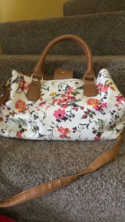 Floral Handbag with Tan Leather Handles