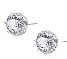 18K Cz Stud Earrings Plated White Gold Zirconia Round Cut Halo Cubic Stud Earring for Women 10mm