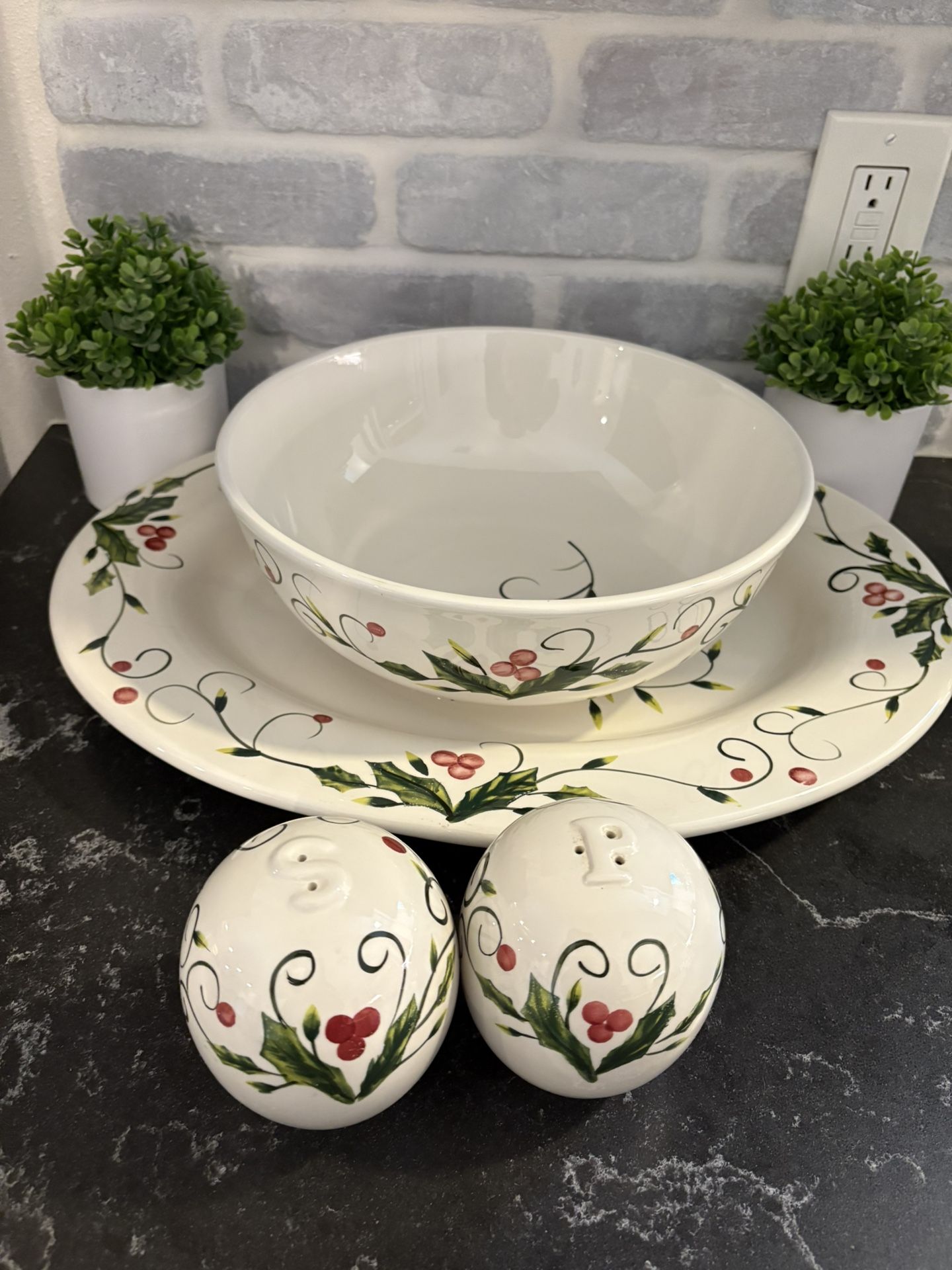Christmas Holly Berry Hand Painted Collection Mistletoe Kitchen Party ware Set Kitchen Simi Valley