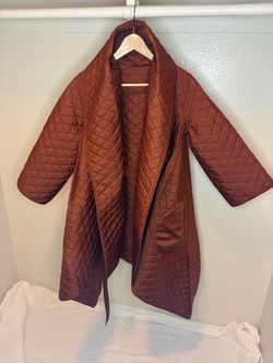 Carla Rockmore Collection Quilted Statement Coat – Sculptural High-Low Wrap – Rust Color