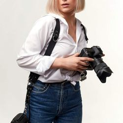 Real Black Leather Dual Camera Harness Strap
