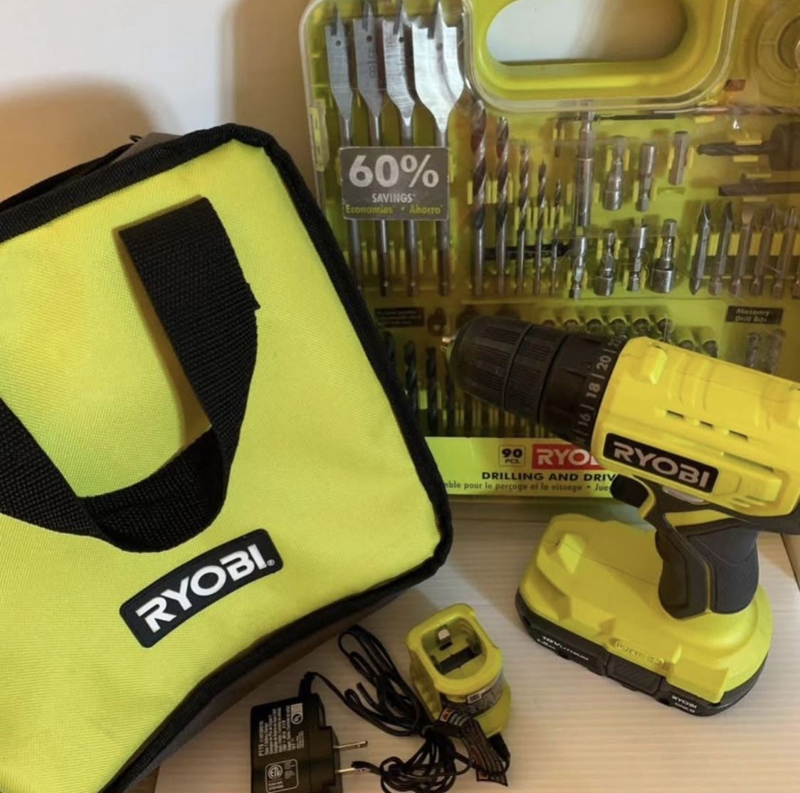 RYOBI Drill and 90pc Driving Kit w/ Bag
