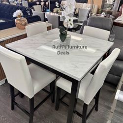 Beautiful! 5- Pc Dining Set White Faux Marble Table Top