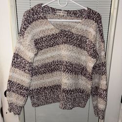 Knox Rose Popcorn Knit Color Block V-Neck Sweater in a brown and cream striped pattern