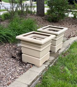 3 Large planters, planting container, vase, urn,  constructed of heavy duty poly composite material. Has look of solid limestone stoneware or concrete