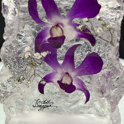 Lucite Embedded Real Orchids Tea Lights,  Signed, Candle Not Incl/Singapore/ 4”