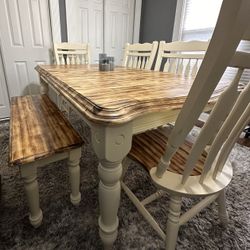 Burned Wood Dining Table with Leaf, 4 Matching Chairs and 1 Bench Refinished- Read Description