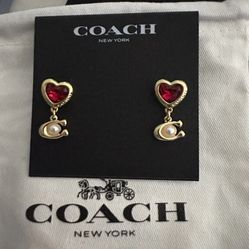 NWT! Coach Red Ruby Heart Shaped Logo Pearl Studs Earrings Valentine’s Day