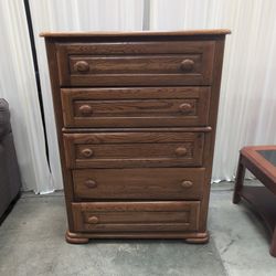 Brown Oak Five-Drawer Tall Dresser with Wood Knobs