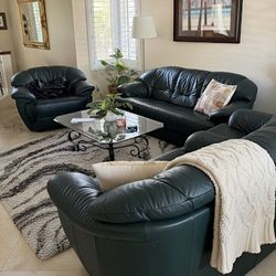 Dark Green Leather Couches Set 