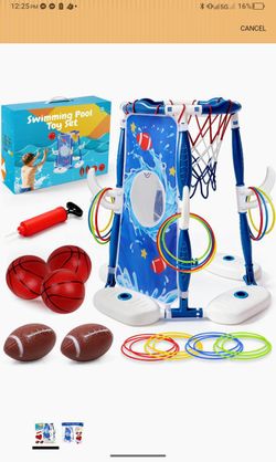 3-in-1 Floating Pool Basketball Hoop Toy Set with Water Football & Ring Toss Game - Includes 3 Basketballs, 2 Footballs & 12 Rings - Ultimate Pool Toy