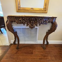 Antique French Rococo Console Entry Table Hand Carved Tiger Oak 18th Century